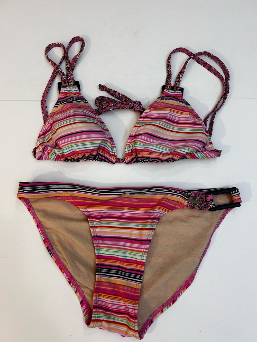 Striped Pink Multi-Color Triangle Bikini Set